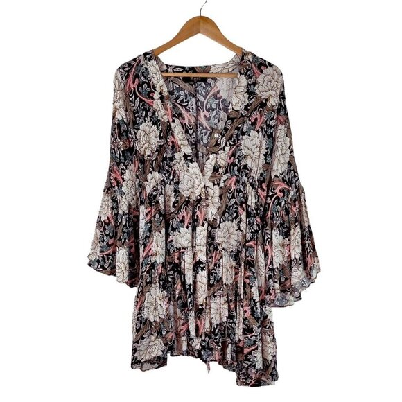 Meritt Floral Mini Dress Full Sleeves Gathered Black Multi Boho Cottage Peasant - Picture 12 of 14